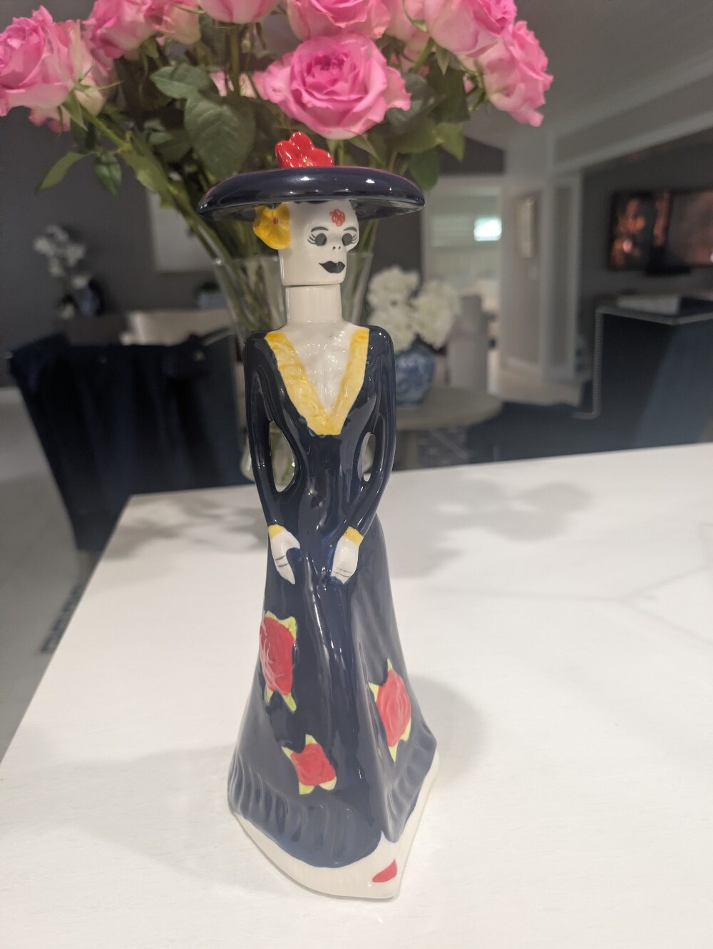 Collectable ceramic Tequila Bottle Stunning Piece Navy with Red Rose Accents
